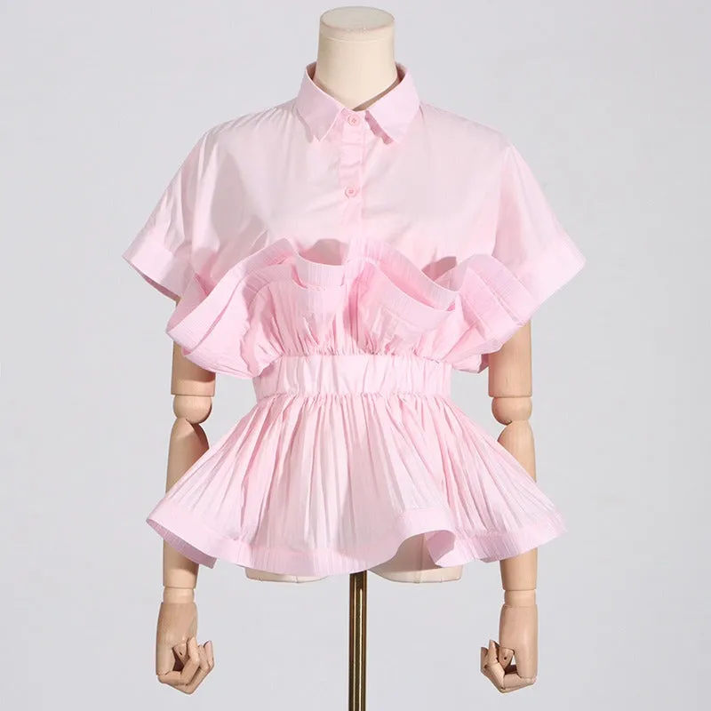 Pre Order:  Ruffle Edge Patchwork Waist Cinching Short Sleeved Shirt