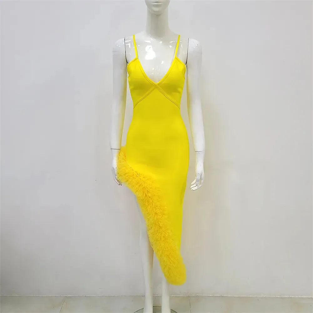 Pre Order:  Yellow Thin-Strap Bandage Ruffled Dress