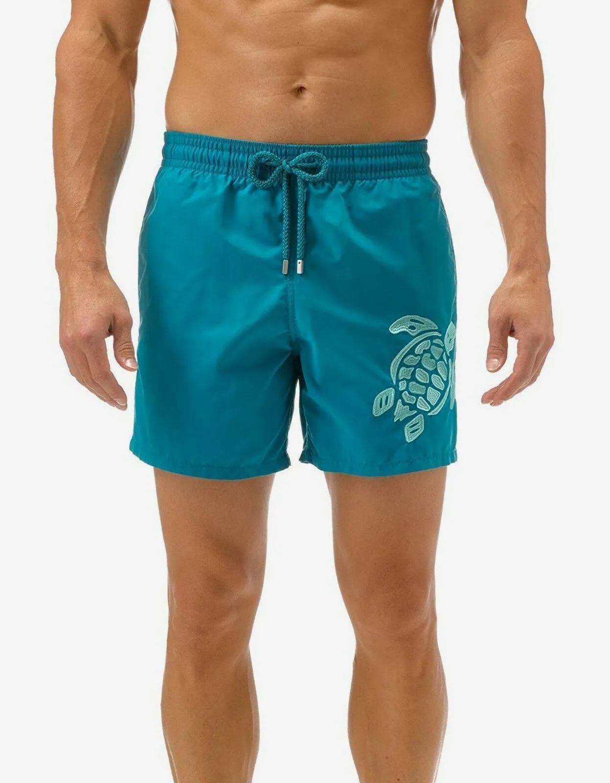 Prussian Blue Turtle Embroidery Motu Swim Shorts