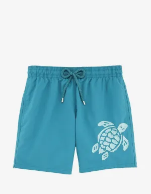 Prussian Blue Turtle Embroidery Motu Swim Shorts