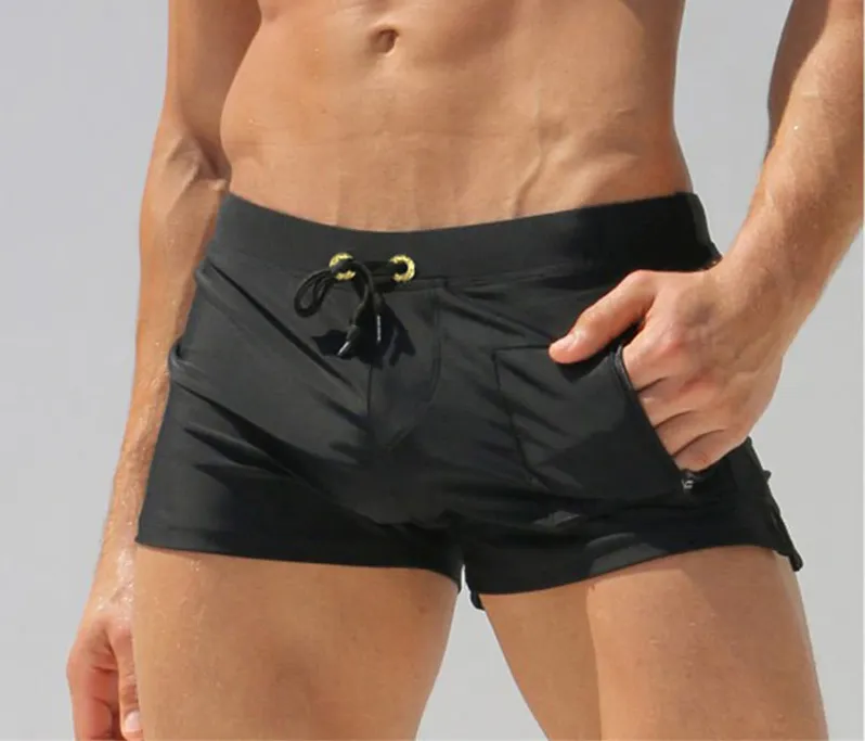 Sexy Solid Color Male Nylon Beach Shorts With Pocket & Drawstring