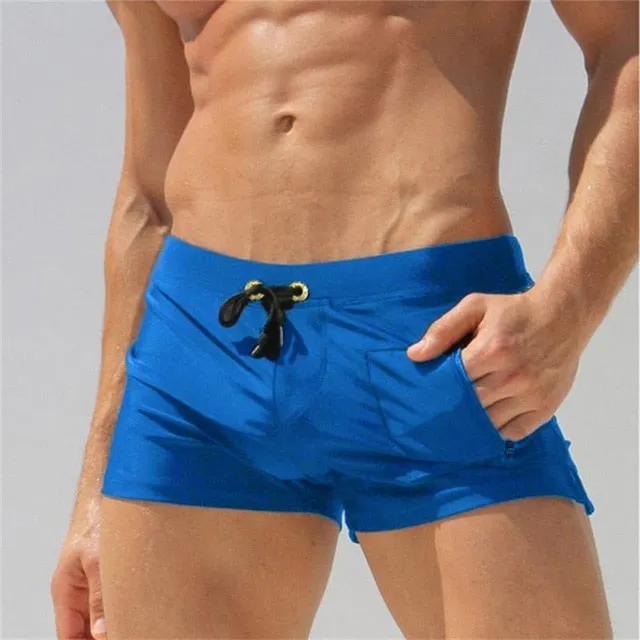 Sexy Solid Color Male Nylon Beach Shorts With Pocket & Drawstring