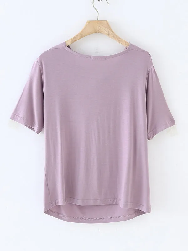 Short Sleeves Pleated Solid Color Heaps Collar T-Shirts Tops