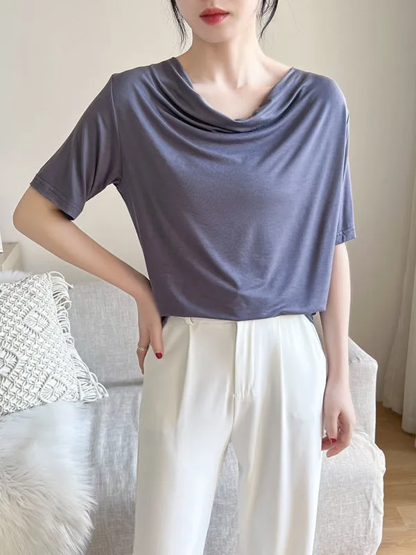 Short Sleeves Pleated Solid Color Heaps Collar T-Shirts Tops