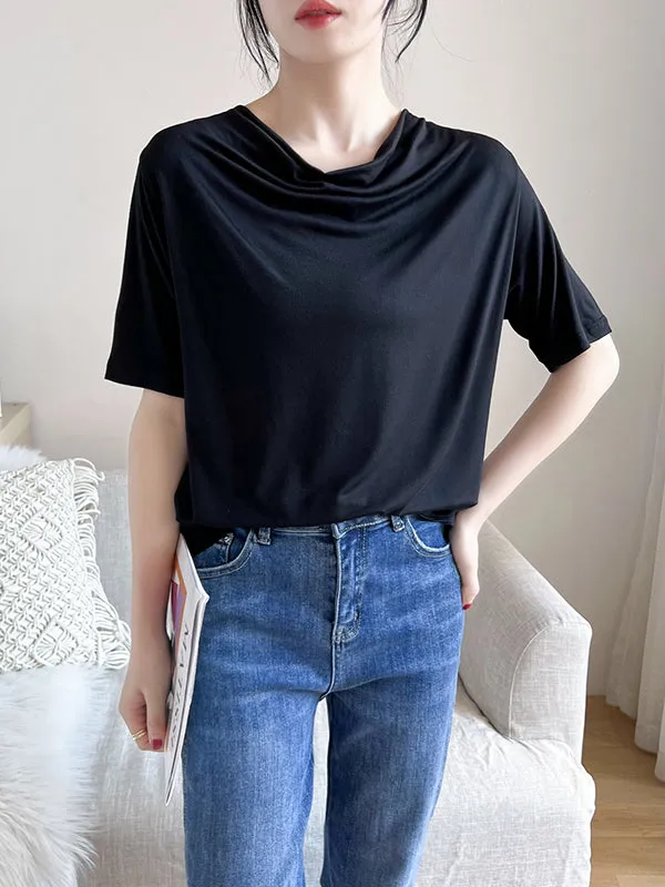 Short Sleeves Pleated Solid Color Heaps Collar T-Shirts Tops