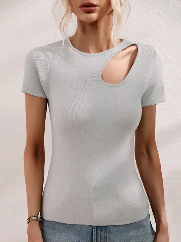 Short Sleeves Skinny Asymmetric Hollow Solid Color Round-neck T-Shirts Tops