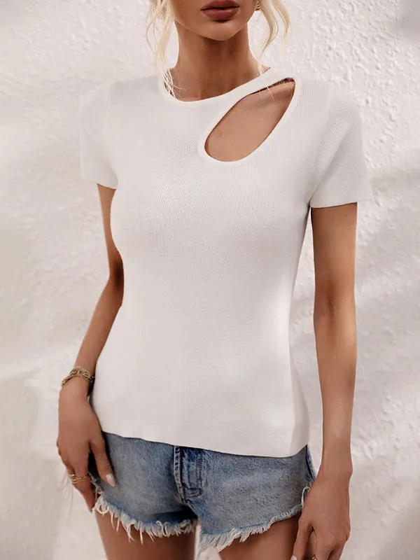 Short Sleeves Skinny Asymmetric Hollow Solid Color Round-neck T-Shirts Tops