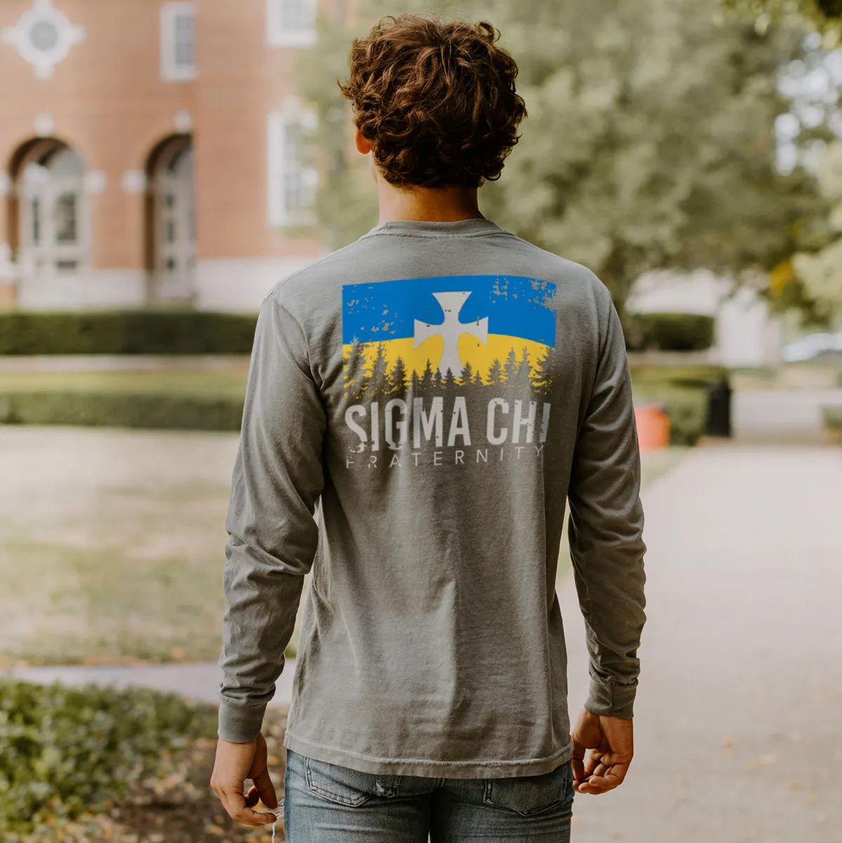 Sigma Chi Gray Comfort Colors Flag Long Sleeve Pocket Tee