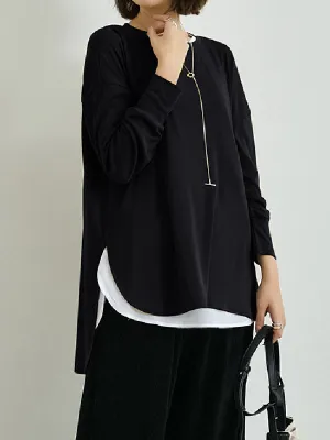 Simple Long Sleeves Loose Split-Side Solid Color Round-Neck T-Shirts Tops