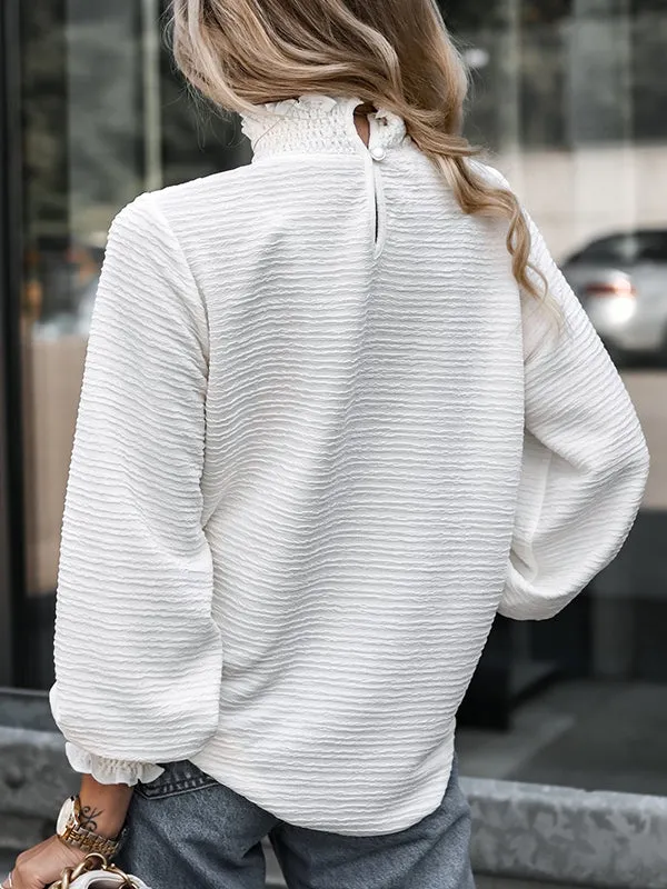 Simple Loose Long Sleeves Falbala Solid Color High-Neck T-Shirts Tops