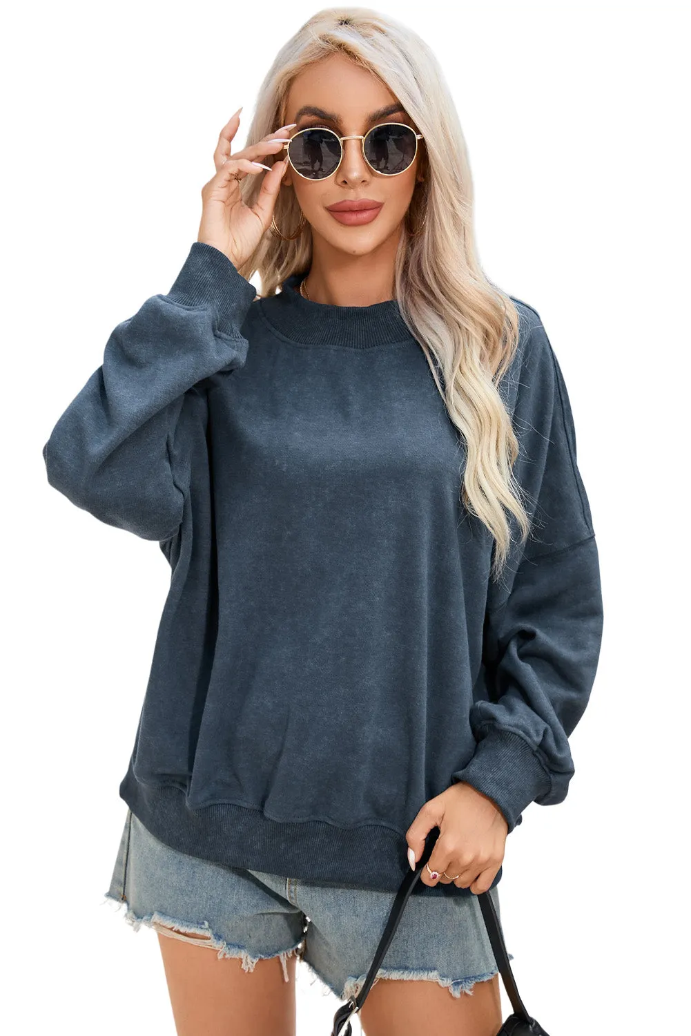 Sky Blue Resting Witch Face, Halloween, Football, & Fall Solid Colored Graphic Drop Shoulder Sweatshirts - various styles