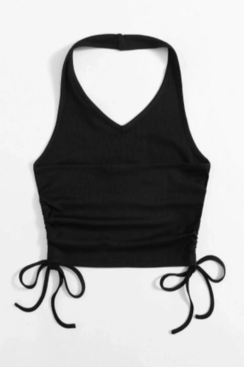 Solid Drawstring Side Ribbed Halter Crop Top