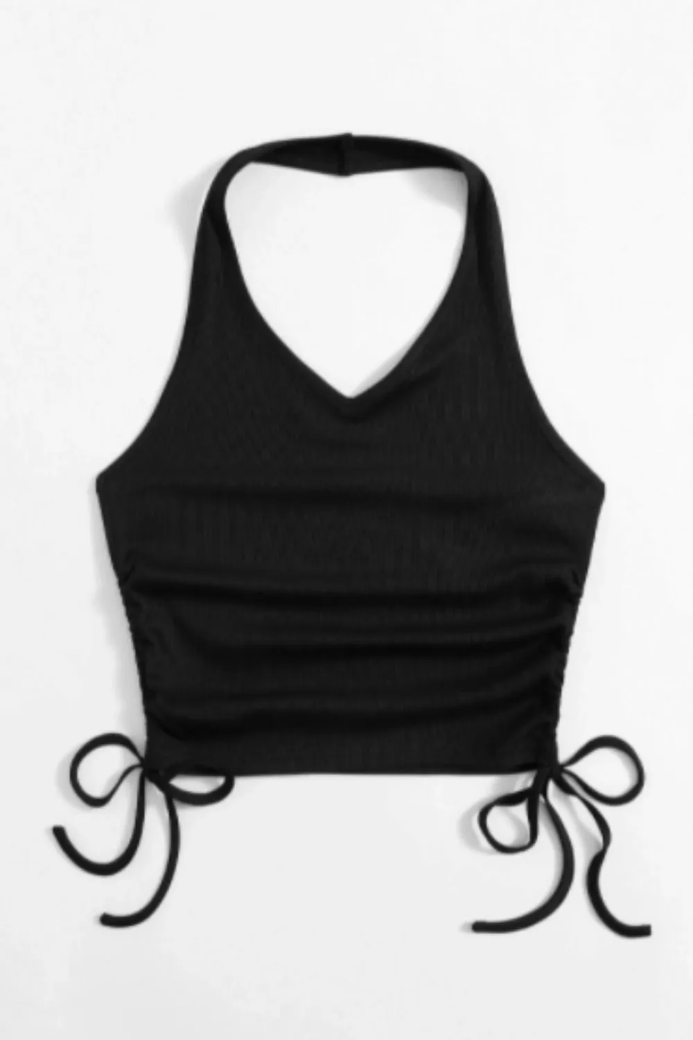 Solid Drawstring Side Ribbed Halter Crop Top