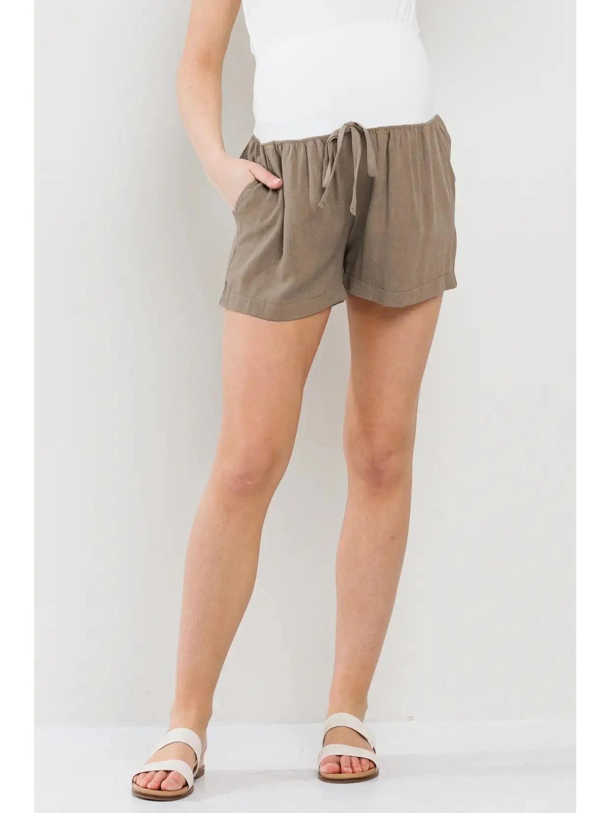 Solid Maternity Shorts with Pockets and Drawstring