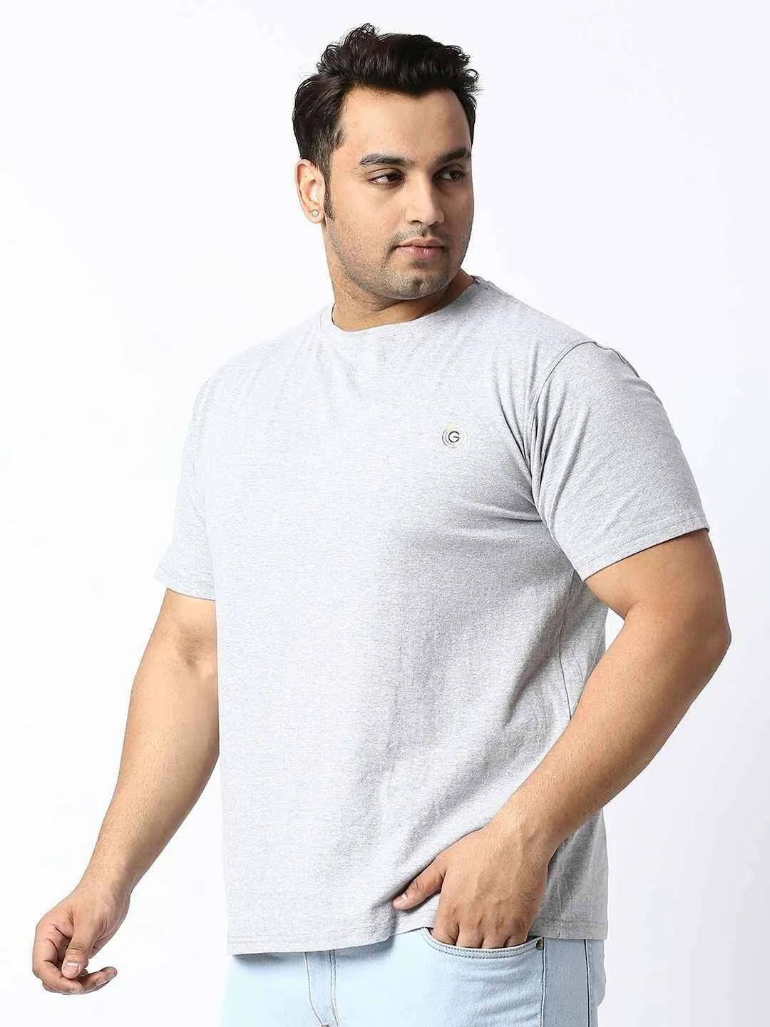 STONE GRAY ROUND NECK COTTON LYCRA TSHIRT PLUS SIZE