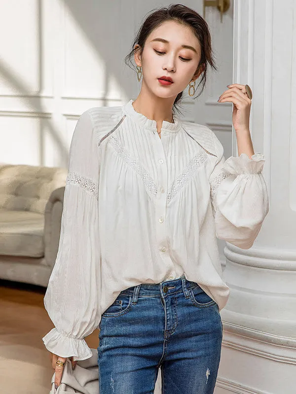 Vintage Urban White Loose Puff Sleeves Blouse