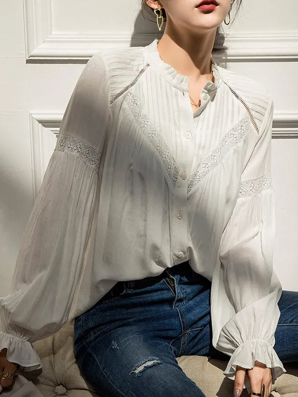 Vintage Urban White Loose Puff Sleeves Blouse