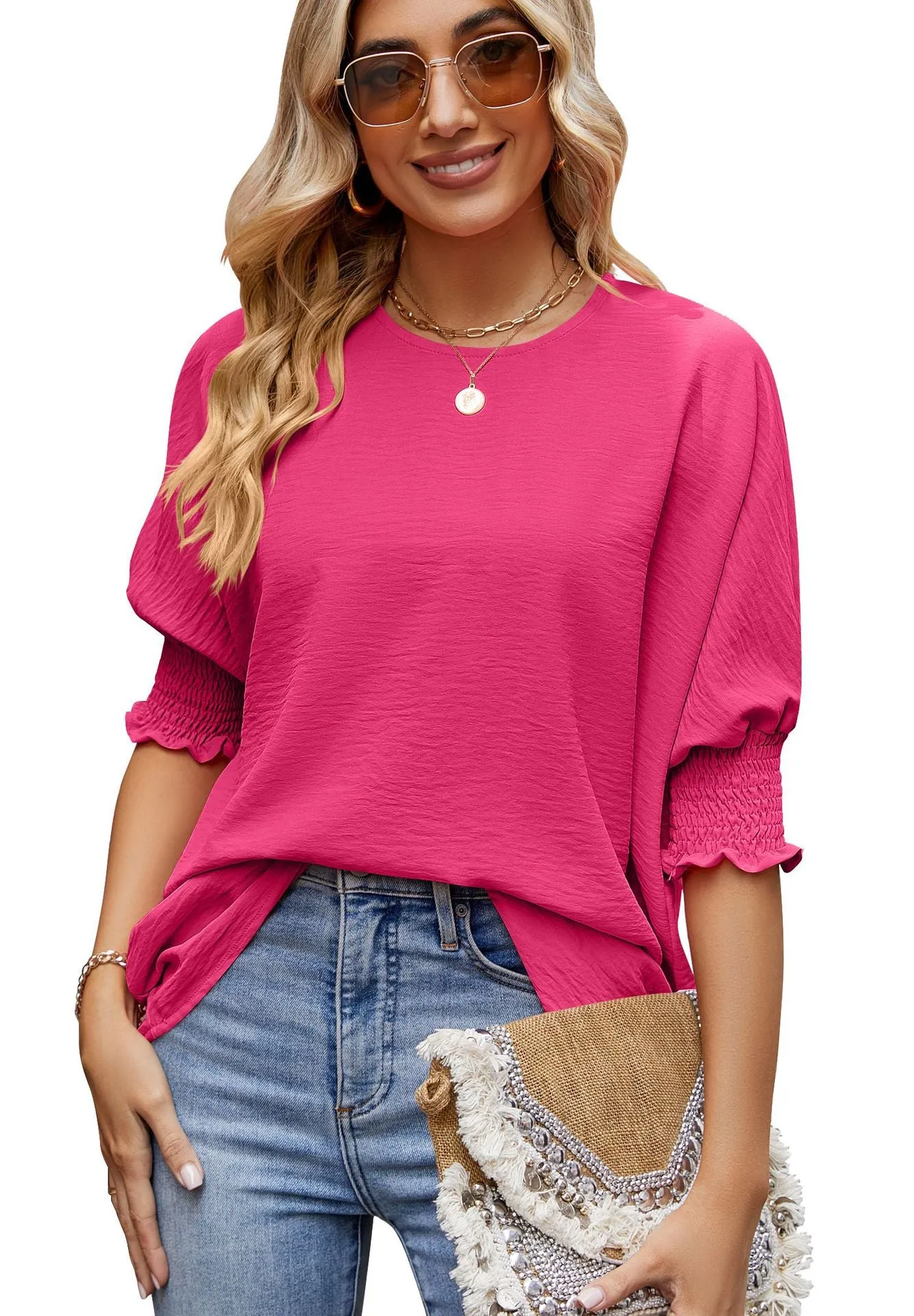 Women’s Elastic Sleeve Loose T-Shirt – Fashionable Solid Color Tops