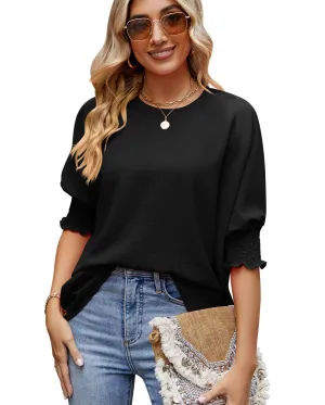 Women’s Elastic Sleeve Loose T-Shirt – Fashionable Solid Color Tops