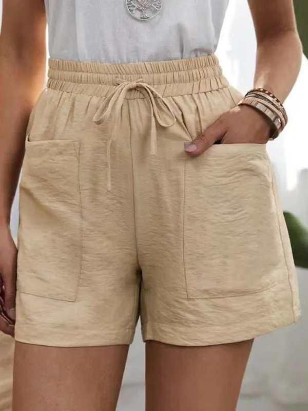 Women's Solid Color Drawstring Frayed-hem Shorts