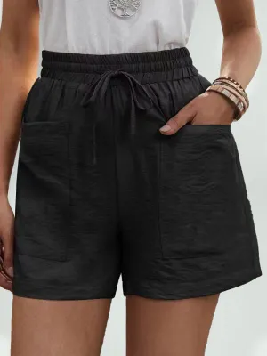 Women's Solid Color Drawstring Frayed-hem Shorts