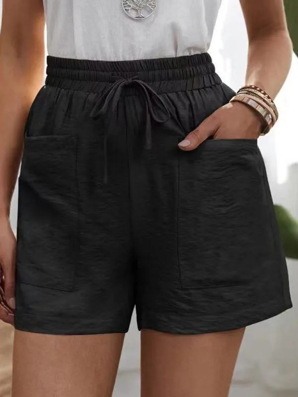 Women's Solid Color Drawstring Frayed-hem Shorts