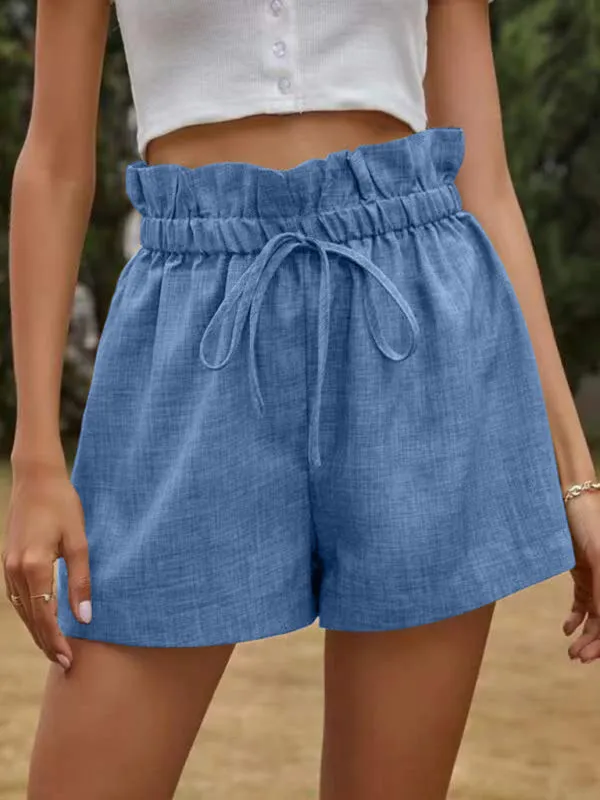 Women's Solid Color Textured Ruffled Drawstring Pull-on Shorts