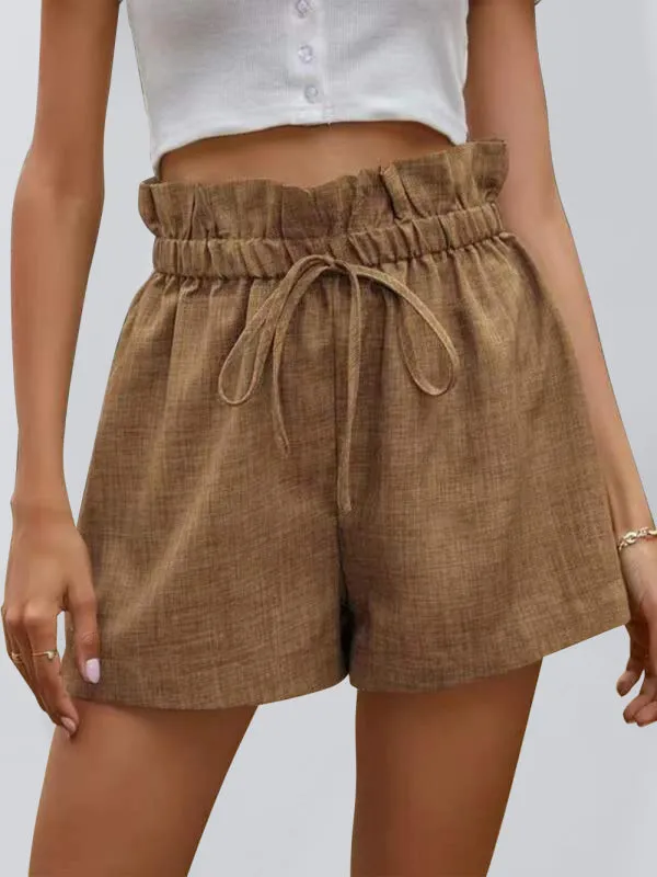 Women's Solid Color Textured Ruffled Drawstring Pull-on Shorts