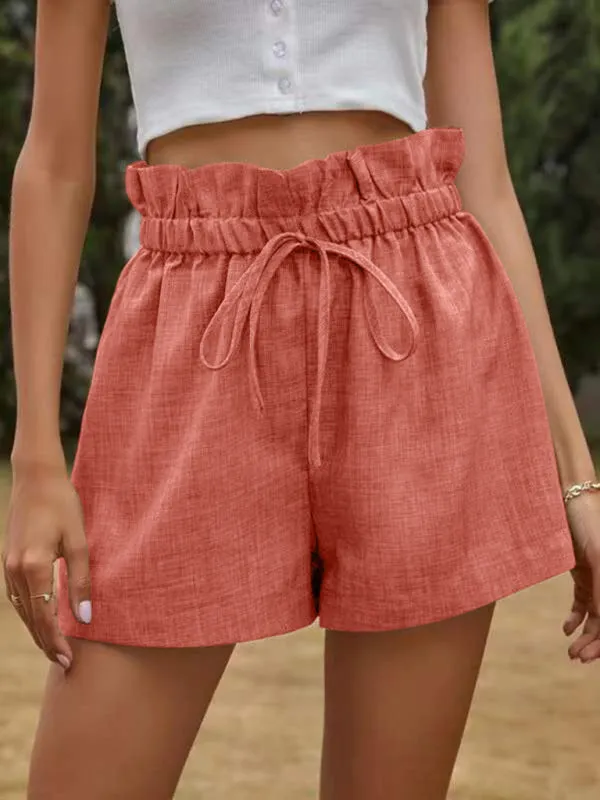 Women's Solid Color Textured Ruffled Drawstring Pull-on Shorts